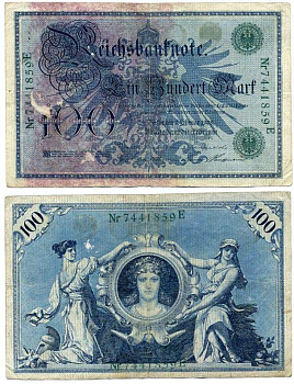 ГЕРМАНИЯ 100 МАРОК 1908 7 ФЕВРАЛЯ 1908, ЗЕЛЕНАЯ ПЕЧАТЬ, РЕПРИНТ (1918-1922) Pick 34 бумага 6262-42-1-2