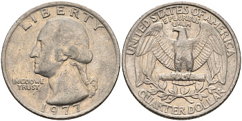 США 25 центов (квотер) 1977 Вашингтон KM A164a медь плакированная медно-никелем 4584-1047