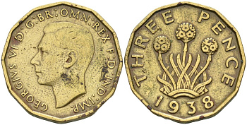 Великобритания 3 пенса 1938 Георг VI (1936-1952) KM 849, Spink 4112 никель латунь 4591-1035