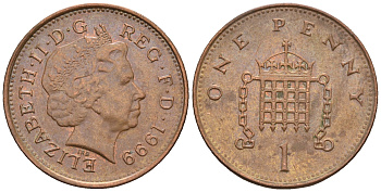 Великобритания 1 пенни 1999 Елизавета II (1952-2022) KM 986, Spink 4710 (B5) сталь плакированная медью 4609-546