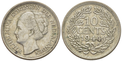 Нидерланды 10 центов 1944 Вильгельмина (1890-1948) KM 163 серебро 66-1234