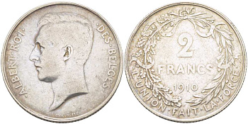 Бельгия 2 франка 1910 Альберт I (1909-1934), BELGES KM 74 серебро 00-00