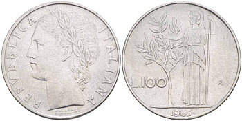 ИТАЛИЯ 100 ЛИР 1963 R, АФИНА У ОЛИВКОВОГО ДЕРЕВА KM 96.1 нержавеющая сталь 4545-632