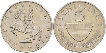 АВСТРИЯ 5 ШИЛЛИНГОВ 1980 KM 2889а медно-никель 110-1252