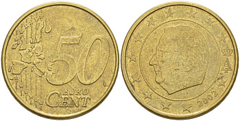 БЕЛЬГИЯ 50 ЕВРОЦЕНТОВ 2002 АЛЬБЕРТ II KM 229 латунь 4543-415