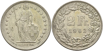 Швейцария 2 франка 1963 KM 21 серебро 4607-544