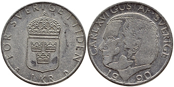 Швеция 1 крона 1990 Карл XVI Густав (1973- ) KM 852a медно-никель 4398-1255
