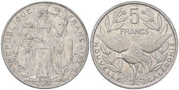 Французская Новая Каледония 5 франков 2007 птица кагу, (IEOM) KM 16, Schoen 12, Lec 81k алюминий 215-312