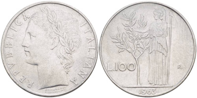 ИТАЛИЯ 100 ЛИР 1963 R, АФИНА У ОЛИВКОВОГО ДЕРЕВА KM 96.1 нержавеющая сталь 4545-632