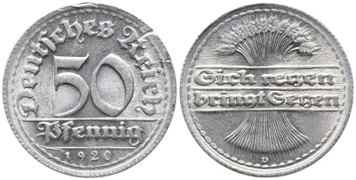 ГЕРМАНИЯ 50 ПФЕННИГОВ 1920 D KM 27, J. 301 алюминий UNC 24-936