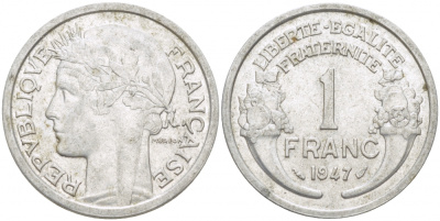 ФРАНЦИЯ 1 ФРАНК 1947 KM 885а.1 алюминий 4402-917