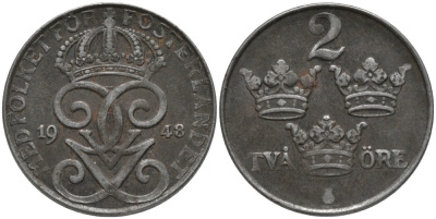 Швеция 2 эре 1948 Густав V (1907-1950) KM 811 железо 63-956