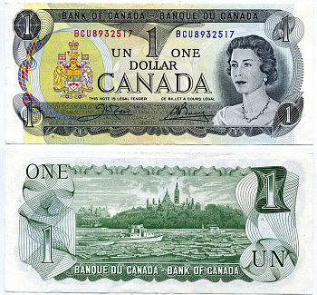 Канада 1 доллар 1973 Елизавета II (1952- ), здание парламента на реке Оттава, Crow-Bouey Pick 85 c бумага 8603-41-1-1