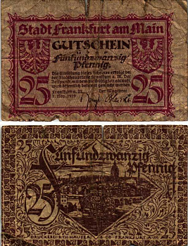 ФРАНКФУРТ-НА-МАЙНЕ 25 ПФЕННИГОВ 1919 1 НОЯБРЯ 1919, НОТГЕЛЬД, ЗЕМЛЯ ГЕССЕН Keller F16.2a бумага 6318-26-2-1