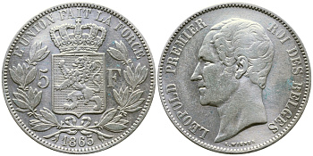 Бельгия 5 франков 1865 Леопольд I (1831-1865) KM 17 серебро 00-1067-6-14