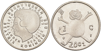 Нидерланды 1 гульден 2001 прощай гульден, детский рисунок, лев с флагом в руках KM 233 никель UNC 106-327