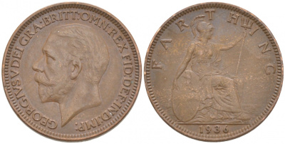 Великобритания 1 фартинг 1936 Георг V (1910-1936) KM 825, Spink 4061 бронза 187-148
