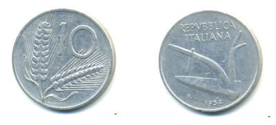 ИТАЛИЯ 10 ЛИР 1954 R, ПЛУГ KM 93 алюминий 3999-1245