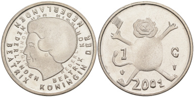 Нидерланды 1 гульден 2001 прощай гульден, детский рисунок, лев с флагом в руках KM 233 никель UNC 106-327