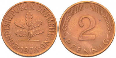 ФРГ 2 ПФЕННИГА 1976 J KM 106a, J.381a сталь плакированная сталь плакированная медьюю 4396-1567