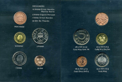 Швеция набор из 4 монет + медаль 2002 в оригинальном картонном буклете, Карл XVI Густав (1973- ) KM MS 110 UNC 4-4-1-40