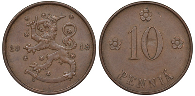 Финляндия 10 пенни 1919 KM 24 медь 45-914