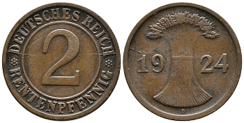 ГЕРМАНИЯ 2 РЕНТЕНПФЕННИГА 1924 D KM 31, J. 307 бронза 24-451