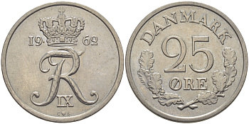 ДАНИЯ 25 ЭРЕ 1962 С; S, ФРЕДЕРИК IX (1947-1972) KM 850 медно-никель 28-411