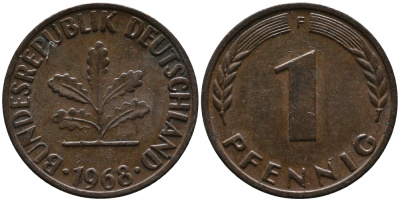 ФРГ 1 пфенниг 1968 F KM 105, J.380 сталь плакированная медью 99-266