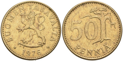 ФИНЛЯНДИЯ 50 ПЕННИ 1976 K KM 48 алюминиевая бронза 4563-432