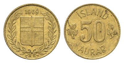 Исландия 50 эйре 1969 KM 17 никель латунь UNC 4696-351