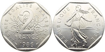 Франция 2 франка 1986 сеятель, тираж 15000 экземпляров KM 942.1, LE FRANC 272.10 никель UNC 1526-1343