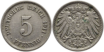 Германия 5 пфеннигов 1911 G KM 11, Jager 12, Weege 6 медно-никель 4547-526