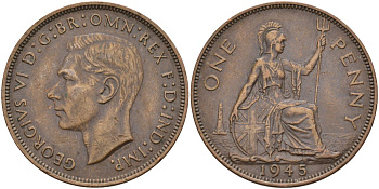 Великобритания 1 пенни 1945 Георг VI (1936-1952) KM 845, Spink 4114 бронза 4117-1231