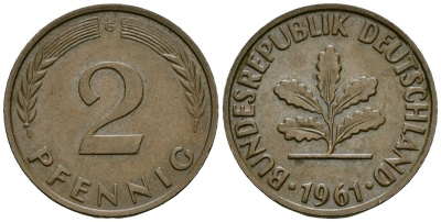 ФРГ 2 пфеннига 1961 G KM 106 бронза 4173-1138