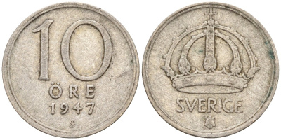 Швеция 10 эре 1947 TS, Густав V (1907-1950) KM 813 серебро 4147-852