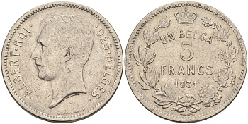 Бельгия 5 франков 1931 BELGES KM 97.1 никель 4185-611