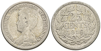 Нидерланды 25 центов 1918 Вильгельмина I (1890-1948) KM 146 серебро 4609-764
