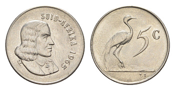 ЮАР 5 центов 1965 Ян ван Рибек (1619-1677), Suid Africa, легенда на африкаанс, райский журавль KM 67.2 никель UNC 4621-238