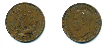 Великобритания 1/2 пенни 1945 Георг VI (1936-1952) KM 844, Spink 4115 бронза 4383-1023