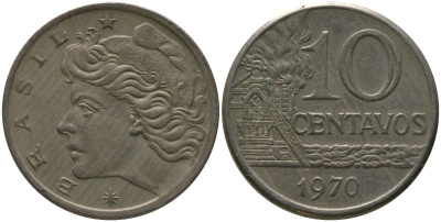 Бразилия 10 сентаво 1970 KM 578.2, Schon 83a нержавеющая сталь 4577-535