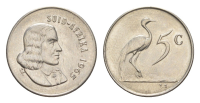 ЮАР 5 центов 1965 Ян ван Рибек (1619-1677), Suid Africa, легенда на африкаанс, райский журавль KM 67.2 никель UNC 4621-238