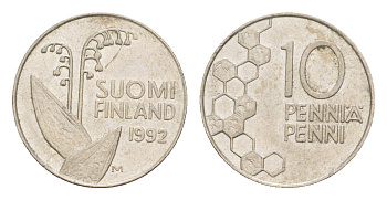 Финляндия 10 пенни 1992 KM 65 медно-никель 4647-353