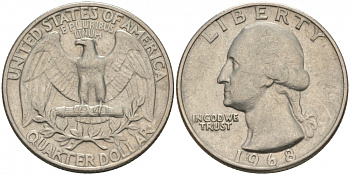 США 25 центов (квотер) 1968 Вашингтон KM 164a медь плакированная медно-никелем 73-322