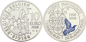 Бельгия 10 евро 2008 100 лет "Синей птицы"  Мориса Метерлинка, эмаль KM 266 серебро PROOF 01-165-43