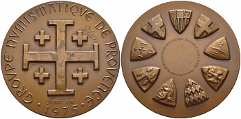 ФРАНЦИЯ МЕДАЛЬ 1975 ОБЪЕДИНЕНИЕ НУМИЗМАТИЧЕСКИХ КЛУБОВ, ГЕРБЫ ГОРОДОВ, ДИАМЕТР 68 ММ. ВЕС 179,5 ГР. бронза 1084-5-42