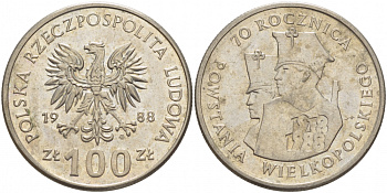 ПОЛЬША 100 ЗЛОТЫХ 1988 MW, 70 ЛЕТ ВЕЛИКОПОЛЬСКОГО ВОССТАНИЯ KM 182 медно-никель 4517-843
