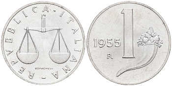 Италия 1 лира 1955 R, весы KM 91 алюминий  UNC  4594-625