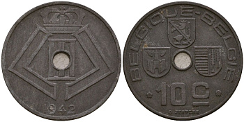 Бельгия 10 сантимов 1942 Король Леопольд III (1934 - 1947), Германская оккупация KM 126 цинк 183-245