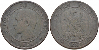 ФРАНЦИЯ 10 САНТИМОВ 1856 BB, НАПОЛЕОН III (1852-1870) KM 771.3, LA FRANC 133.34 бронза 114-1231